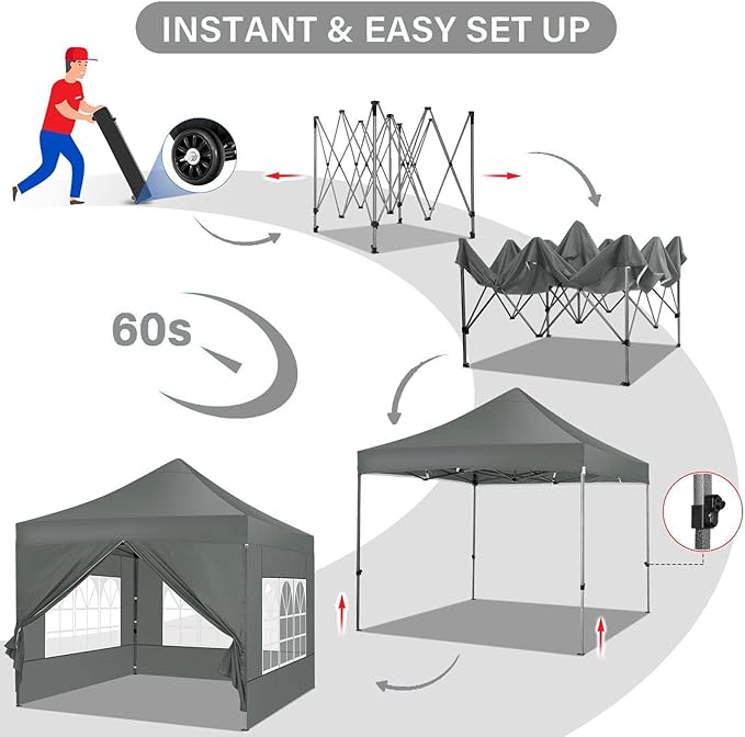 COBIZI 10x10 Pop Up Canopy with 4 Sidewall,Heavy Duty Canopy UPF 50+ All Season Wind Waterproof Commercial Outdoor Wedding Party Tents for Parties Canopy Gazebo with Roller Bag(10 x 10 ft Gray)