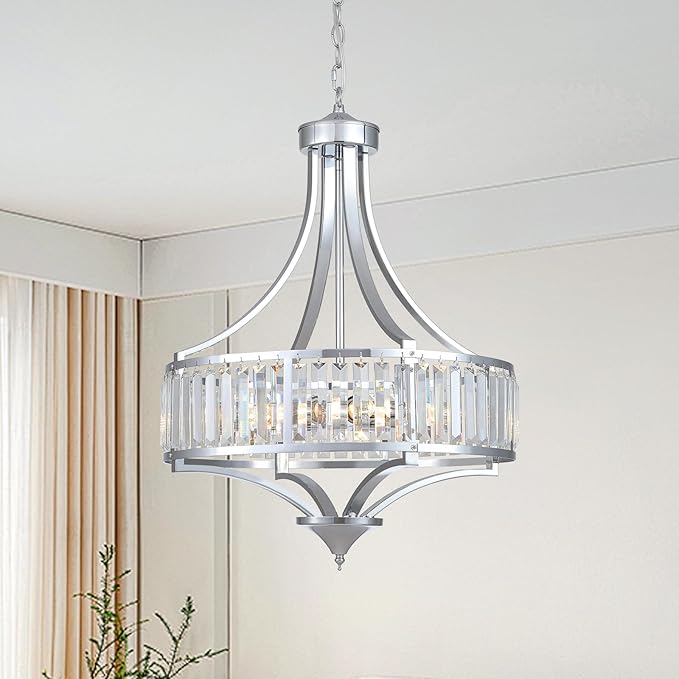 Modern Chrome Crystal Chandelier, 20 Inch Large Ceiling Pendant Light Fixture with 50'' Adjustable Hanging Chain, 5-Light Farmhouse Chandelier for Dining Room, Living Room, Bedroom, Entryway