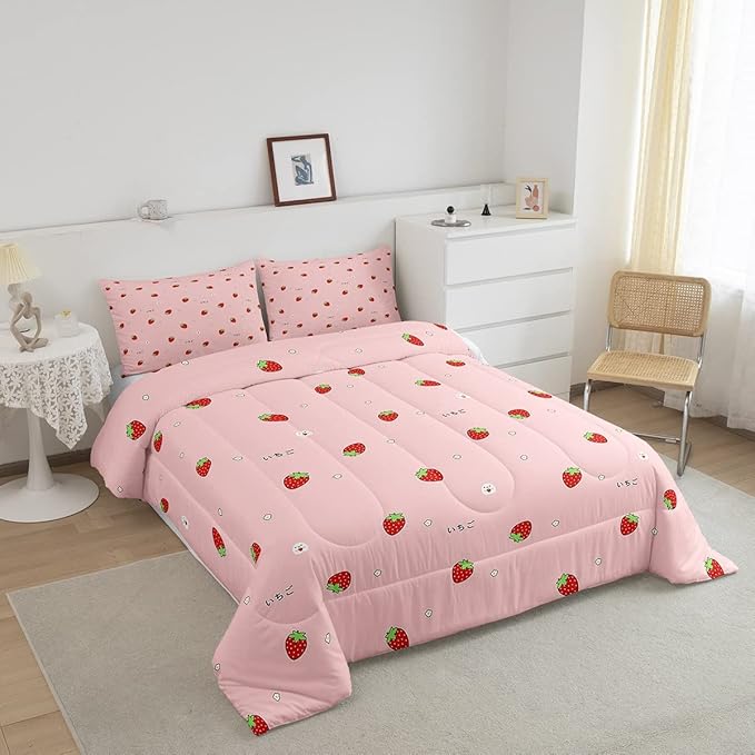Erosebridal Cute Strawberry Comforter Set Queen Kawaii Japanese Bedding Set, Red Reversible Soft Sweet Cartoon Fruit Duvet Set for Girls Kids Gift Pink Warm Down Comforter Room Decor