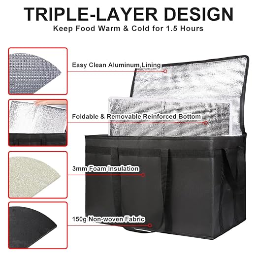 1-Pack Insulated Food Delivery Bag with Hard Bottom, 3X-Large, Black | Commercial Food Warmers for Delivery Drivers, Reusable Grocery Shopping Cooler/Hot Bags, Tote for Picnic/Travel, Heavy Duty