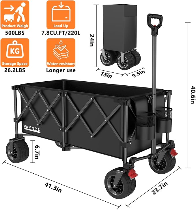 42" L Collapsible Foldable Wagon, 500LB Weight Capacity with 220L Heavy Duty Folding Cart,Utility Wagon with Big All-Terrain Beach Wheel, Drink Holders and 2 Bungee Cords,Black