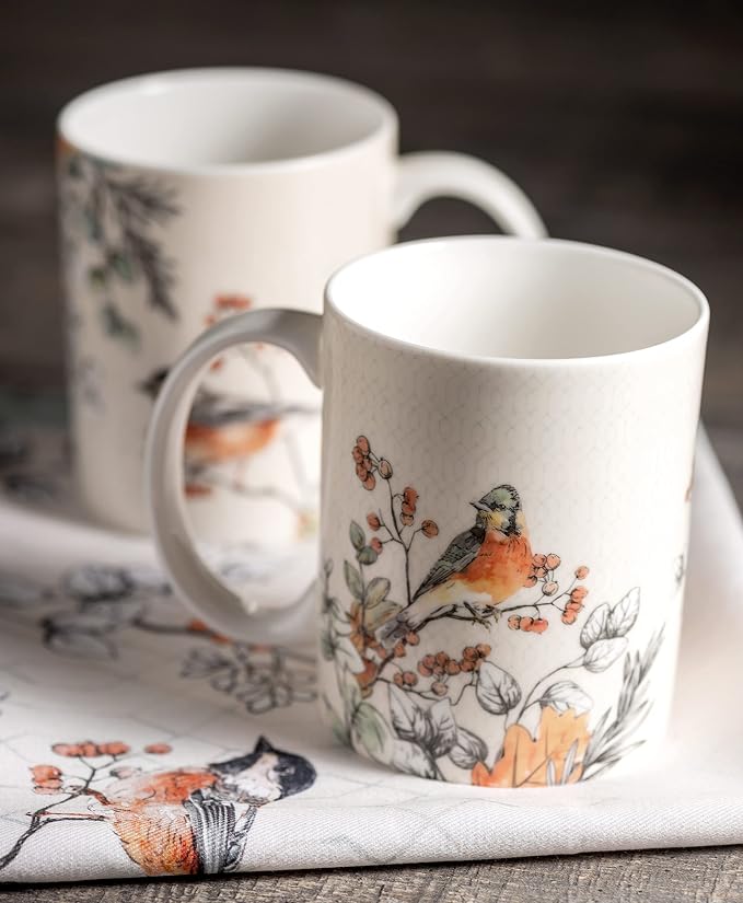 Maison d' Hermine Coffee Mug with Handles Tea Cups (15 Ounce, Pack of 2) | Fine Bone China Coffee Mugs for Hot Beverages Cappuccino Latte Home Restaurant Hotel Spring Summer -Whitish Shabby Chique