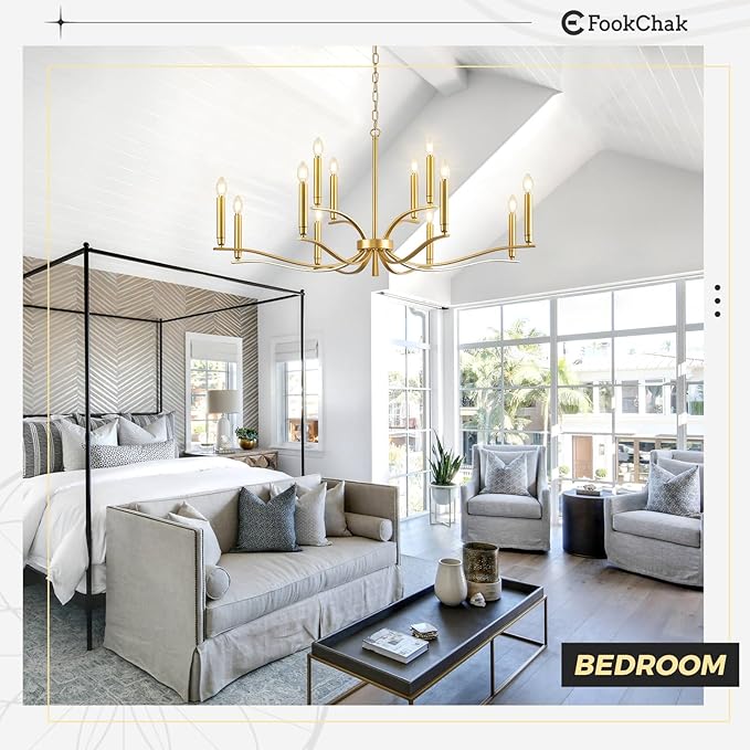 12 Light Gold Living Room Chandelier High Ceiling Foyer Candle Chandelier Large Modern Brass 44in Metal Chandeliers Hanging Light for Master Bedroom Dining Room Light Fixture Over Table