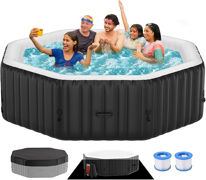 Inflatable Hot Tub, 4-6 Person Polygon Portable Blow Up Hot Tub, Leak-Proof PVC Outdoor Spa with 130 Strong Air Jets, Heater Pump and Insulated Cover, 77” X 77”X 25”