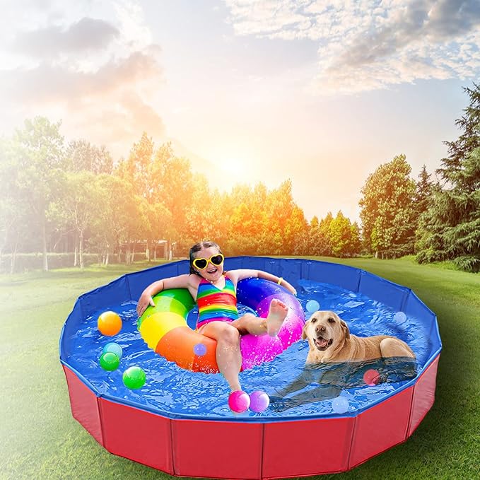 Foldable Pet Dog Kids Swimming Pool(40'' x 12''),Plastic Anti-Slip PVC Bathing Tub Swimming Pool Durable Fiberboard Kiddie Pool Red