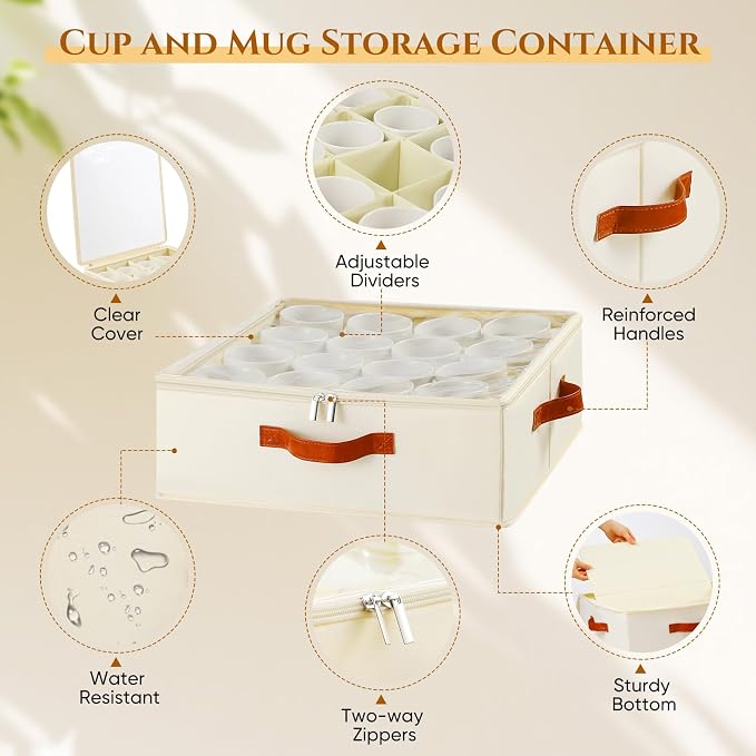 Foyego Cup and Mug Storage Box, Beige | 16 Adjustable Dividers, Hard Shell, with Transparent Lid, 3 Handles, Zippers, Stackable Storage Organizers for Packing&Moving