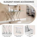 43.3" Glass Modern Console Table, Sturdy Silver Entryway Table with Stainless Steel Base, Rustic Entrance Table, Minimalist Narrow Tables for Living Room & Office