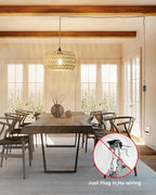 Rattan Boho Hanging Light,12.6'' Natural Hand Woven Fabric Drum Light,Plug Into Wall Outlet Pendant Light Fixture On/Off Switch for Dining,Living Room,Bedroom,Kitchen,Hallway Entryway, Without Bulb