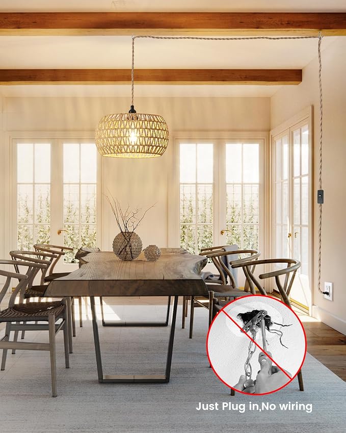 Rattan Boho Hanging Light,12.6'' Natural Hand Woven Fabric Drum Light,Plug Into Wall Outlet Pendant Light Fixture On/Off Switch for Dining,Living Room,Bedroom,Kitchen,Hallway Entryway, Without Bulb
