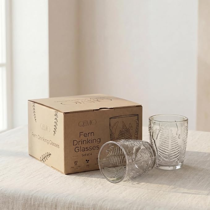 Clear Drinking Glasses Set of 4, 10 oz Glass Cups, Vintage Fern Glassware | Hand-Pressed, Dishwasher Safe, Boho Leaf-Textured Drinkware, Decorative Embossed Lowball Tumblers for Water, Retro Kitchen