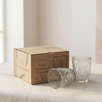 Clear Drinking Glasses Set of 4, 10 oz Glass Cups, Vintage Fern Glassware | Hand-Pressed, Dishwasher Safe, Boho Leaf-Textured Drinkware, Decorative Embossed Lowball Tumblers for Water, Retro Kitchen
