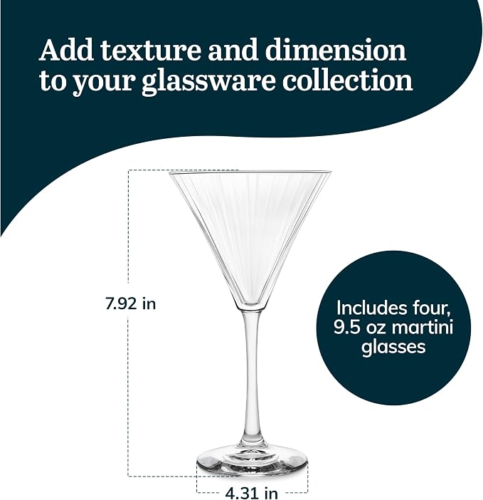 Libbey Paneled Martini Glasses Set of 4, 9.5 Oz Fine Ribbed Modern Martini Glasses, Dishwasher Safe Martini Cocktail Glasses for Cocktail Parties