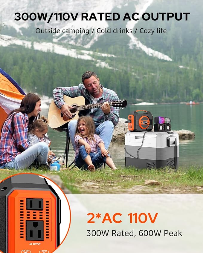 Portable Power Station Bank 300W Rated(600W Peak),220Wh Solar Powered Power Bank with 2 AC Outlet 110V Pure Sine Wave, 60000mAh Power Bank Lithium Battery Pack for Home Outdoor Camping Emergency