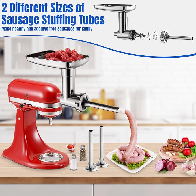 Metal Food Grinder Attachments for KitchenAid Stand Mixers | Meat Grinder, Sausage Stuffer, 15pcs Meat Grinder Accessories Set, Silver