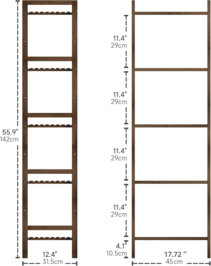 Bamboo Book Shelf, Tall Narrow Bookcase, Bathroom shelving Unit 5 tier Floor Standing Adjustable Bookshelf for Small Spaces, Walnut