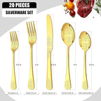 20 Pcs Gold Silverware Set for 4 with Classical Flower Embossed Design, Food Grade Stainless Steel Flatware Set, Eating Utensils Sets Include Fork/Knife/Spoon, Cutlery Set, Dishwasher Safe