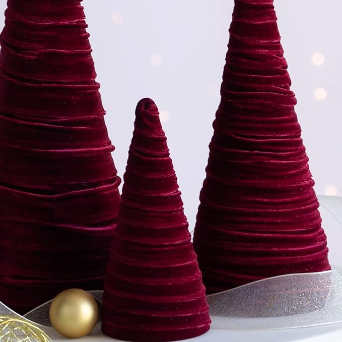 Your Heart's Content Set of 3 Burgundy Velvet Trees, Luxurious Handcrafted Home Decor, Valentine Tabletop Tree, Bookshelf Office, Winter Mantel Accents, Elegant Charm Gift for (Burgundy)