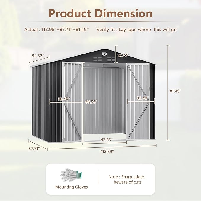 10x8 FT Outdoor Storage Shed, Metal Garden Shed - Tool Storage Sheds with Lockable Doors, Waterproof Outside Storage Building for Backyard, Patio (Black; Floor Not Included)