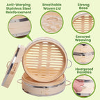Bamboo Steamer 10 Inch - Dumpling Steamer Basket 2 Tier, Bamboo Steamers For Cooking Dumplings, Bao Bun, Dim Sum, Rice Potsticker & Veggie Food Steaming Basket with Steel Rims, Handles & Accessories
