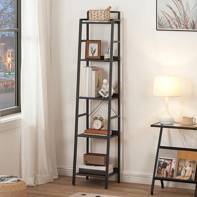 HOOBRO Bookcase, 5-Tier Narrow Bookshelf, Industrial Ladder Shelf, Skinny Bookshelf for Small Spaces, Corner Storage Shelf for Home Office, Living Room, Black BB35SJ01