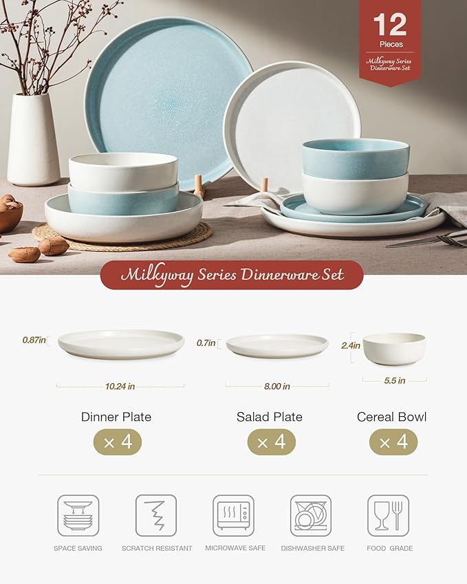 Famiware Milkyway Plates and Bowls Sets, 12 Pieces Dinnerware Sets, Reactive Glaze Dish Set, Stoneware Dishes Set for 4, Matte Beige White & Light Blue