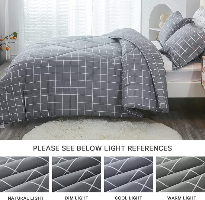 Andency Grey Grid Comforter Set Queen Size (90x90 inch), 3 Pieces (1 Grey Comforter and 2 Pillowcases), Summer Lightweight Microfiber Down Alternative Bedding Comforter Sets with White Lines