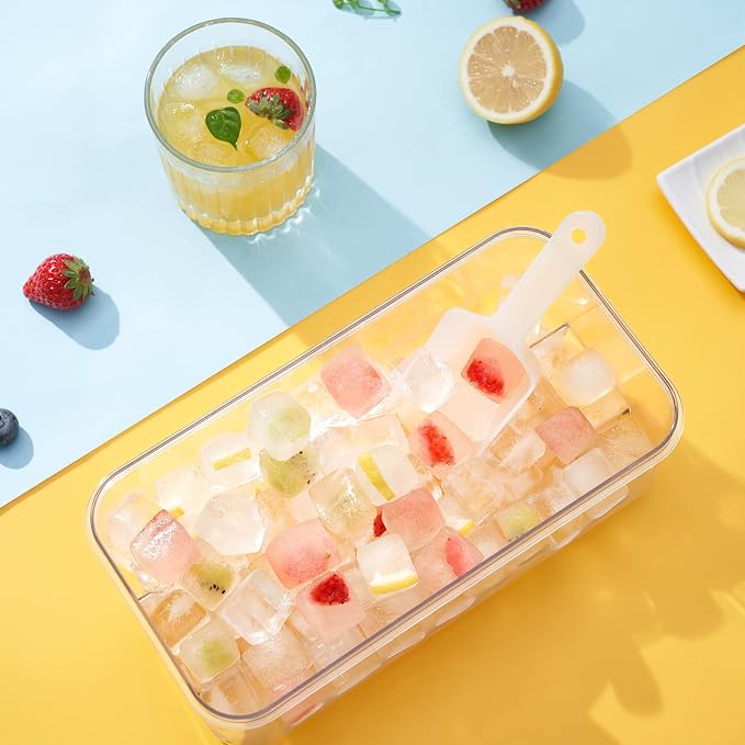 1.0" Ice Cube Tray with Lid and Bin, PHINOX 64 Cubes Ice Trays for Freezer, Ice Cube Trays for Freezer with 2 trays, Container, Lid & Ice Scoop, BPA Free, Blue(32Cubes/Tier)