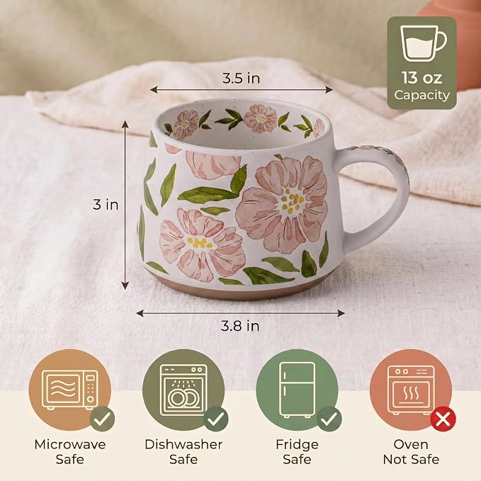 Ceramic Coffee Mug, 13oz Floral Design Pottery cute mugs, Ideal Gift for Women unique vintage pretty coffee mugs (Pink Bulky Flower Mug)