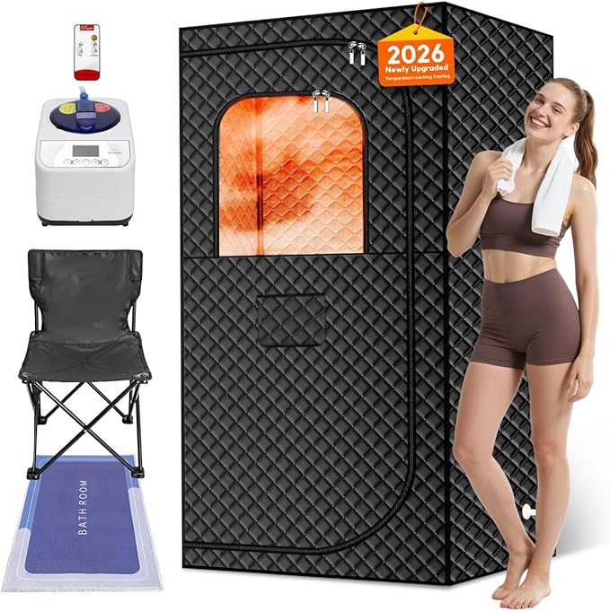 MIXC Portable Steam Sauna Box, Portable Sauna for Home, Person Sauna Tent Sauna Box at Home Spa with 2.6L & 1500W, Remote Control, Folding Chair (Single-Person Version-Black)
