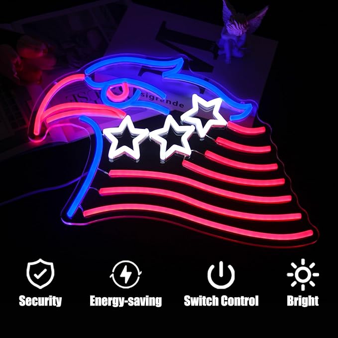 Patriotic Eagle Flag Neon Sign USA Stars and Stripes LED Sign for Wall American Flag Neon Lights Signs for Bedroom Memorial Day 4th of July Independence Day American Eagle Day Decorations