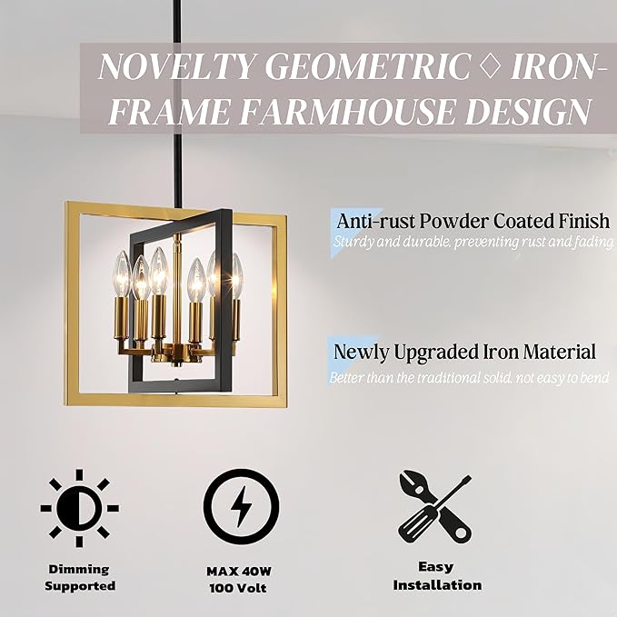 ANKYLHUA Small Black Gold Chandelier,6-Lights Ceiling Light Fixture E12,Adjustable Hight Pendant Lights Kitchen Island,Chandeliers for Dining Room Bedroom,Entryway,Foyer