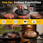 Cast Iron Skillet Set 10 Inch Pre-Seasoned Frying Pan with Burger Press | 8 Inch Grooved Smash Burger Press for Bacon, Heavy Duty Grill Pan for Gas Stove, Oven, BBQ and Campfire