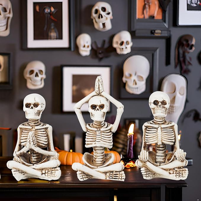 Newman House Studio Halloween Skeleton Decor - Realistic Meditating Skeleton Statues, Set of 3, 2*1.5*3.75 in Resin Indoor Zen Skull Decor