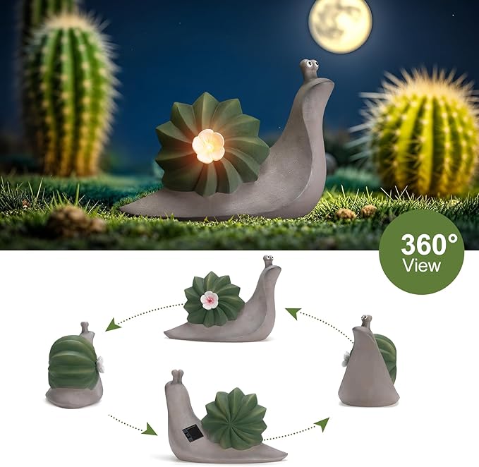 Solar Cactus Snail Statue Garden Decor Light - Outdoor Decorative LED Flower, Suitable for Patio, Lawnand Garden Decorations, Gifts for Mom
