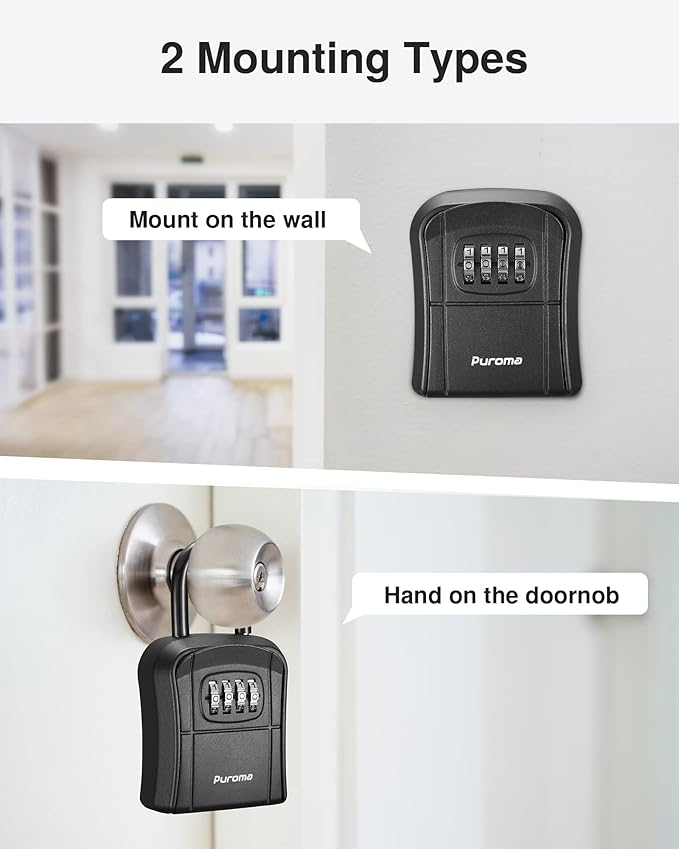 Puroma Key Lock Box Outdoor 4 Digit Code Combination Lockbox House, 4 Black | For Contractors Guest Realtor Storage Keys, Portable, Home Wall Mount, Resettable, Combination, Weatherproof, High-capacity