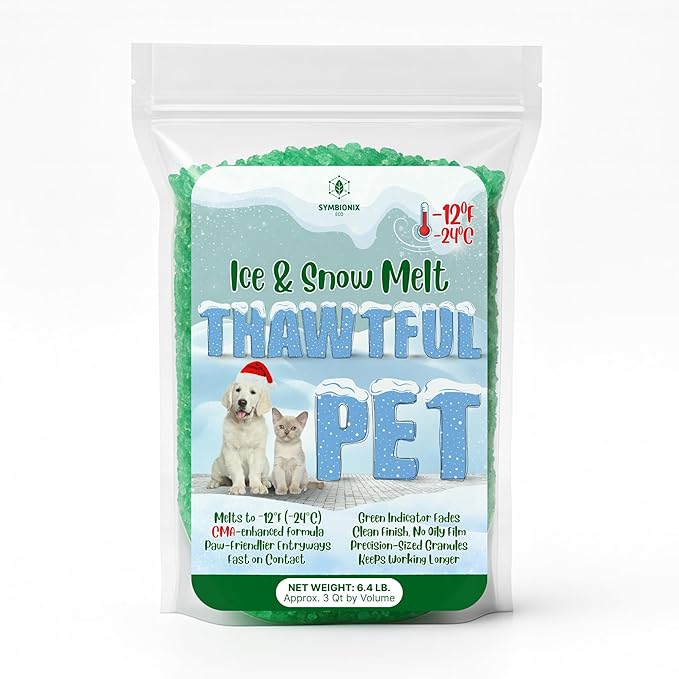 Thawtful Pet Safe Ice Melt – Pet Friendly Ice Melt, Snow Melt – Green Granules with CMA, Melts to −12°F (−24°C) - Driveway Salt & Sidewalk Salt for Ice (3 qt. - 6.4 lb.)