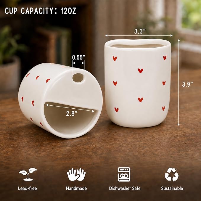 To Go Ceramic Coffee Cups with Lids, Romantic Red Hearts Ceramic Traval Mug with Sip Hole, 12oz Ceramic Sip Cups Pottery Travel Mug, Gifts For Him Her
