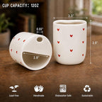To Go Ceramic Coffee Cups with Lids, Romantic Red Hearts Ceramic Traval Mug with Sip Hole, 12oz Ceramic Sip Cups Pottery Travel Mug, Gifts For Him Her