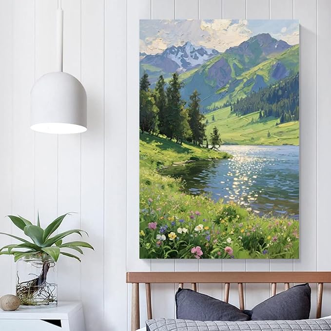 The scenery of mountain streams and green meadows is suitable for living rooms bedrooms offices landscape posters and wall paintings