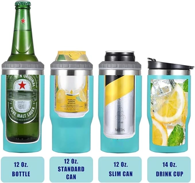 4 in 1 Stainless Steel Can/Bottle Insulator, 14oz Two-Way Lids SUS Insulated Can Cooler, Beer Bottle holder (Black)