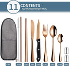Logcow Travel Utensils Set with Case, 10-Piece Reusable Stainless Steel Camping Cutlery, Portable Fork Spoon Knife Chopsticks & Straw for Work, Lunch, Picnic (Rose Gold)