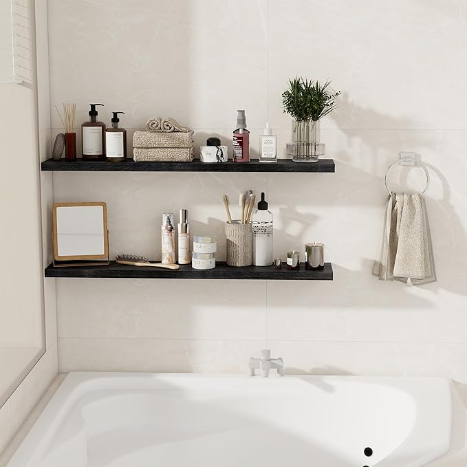 Floating Shelves for Wall, 40 Inch Floating Shelves for Home Decor, Wall Mounted Rustic Wood Shelves, Bathroom, Hanging Deep Shelf for Bedroom, Living Room, Kitchen (Black, Set of 2)