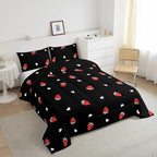 Kawaii Bedding Strawberry Comforter Set King Size Strawberry Decor Down Comforter Red Strawberry Bedding Set Cute Fruits Theme Sweet Strawberry Quilt Set Soft Reversible with 2 Pillowcases, Red Black