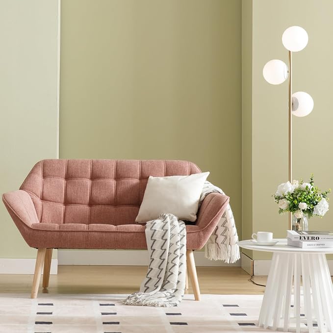 48”Small Loveseat Sofa, Modern Linen Upholstered Mini Couch 2-Seater Fluffy Love Seat with Quilting Backs and Wood Legs for Small Space Living Room, Bedroom, Pink