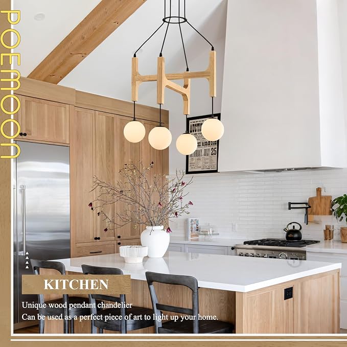 Natural Farmhouse Wood Chandeliers Vintage Milk Glass Pendant Light L24 '' Mid Century Long 4-Light Hanging Fixture for Living Dining Room Entryway Foyer Bedroom Kitchen,G9