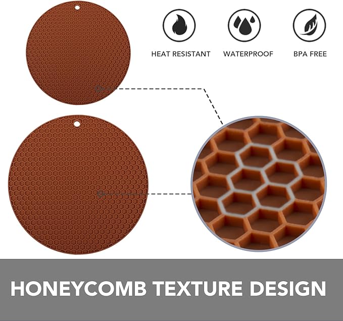Joyhalo Trivets for Hot Dishes - Hot Pads for Kitchen, Silicone Pot Holders for Hot Pots and Pans, Silicone Mats for Kitchen Countertops, Table, Flexible Easy to Wash and Dry, Brown