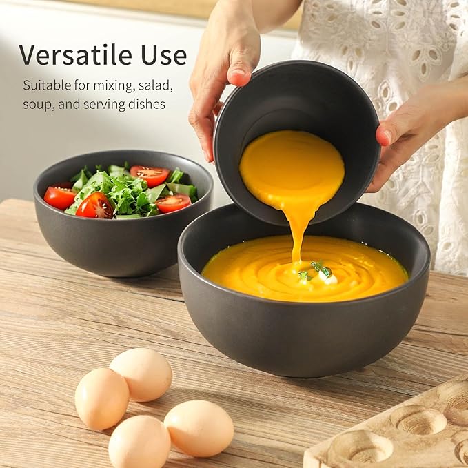 Tikoore Ceramic Mixing Bowls Set of 3, 24oz 40oz 88oz Nesting Bowl Ideal for Parties Dinners Serving Salad Fruit, Versatile for Mixing Prepping Serving in Kitchen, Dishwasher Microwave Safe Black