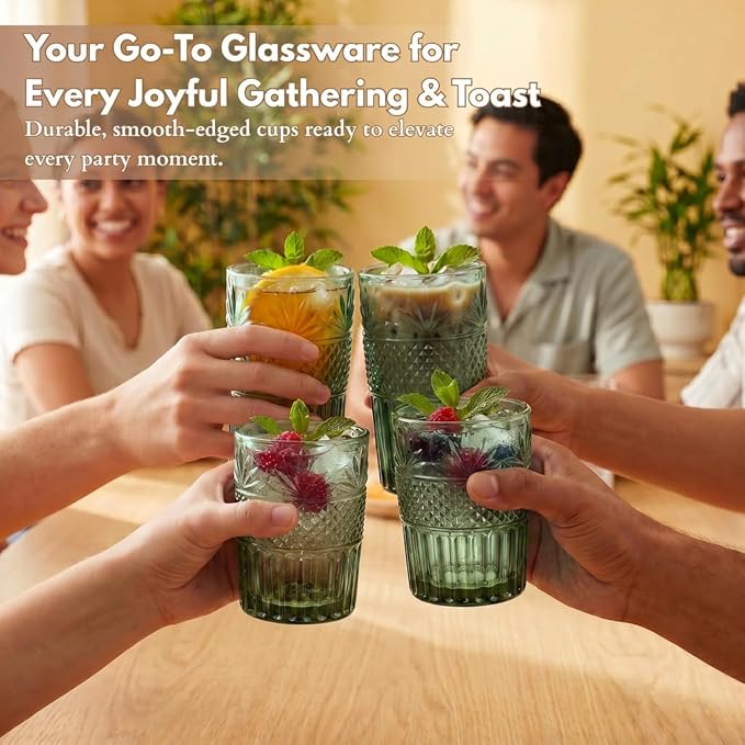 Green Drinking Glasses Set of 12, 12 Oz Highball & 10 Oz Cocktail Glasses, Green Kitchen Vintage Glassware Set, Floral Embossed Glass Tumbler Cups for Beer, Juice, Whiskey, Coffee(Pineapple)