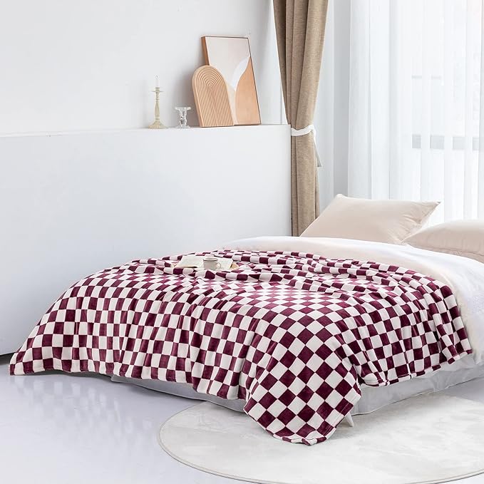 LOMAO Throw Blankets Flannel Blanket with Checkerboard Grid Pattern Soft Throw Blanket for Couch, Bed, Sofa Luxurious Warm and Cozy for All Seasons (Burgundy, 50"x60")