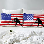Erosebridal American Flag Comforter Set Twin, Hockey Bedding Set United States Sports Games Down Comforter for Kids Boys Teens Bedroom, Red White Geometric Stripes Duvet Sets with 1 Pillowcase